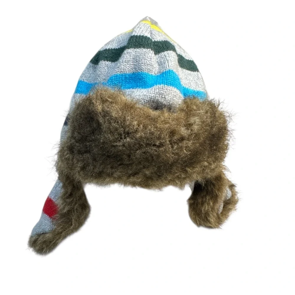 Baby Gap Striped Knit Winter Trapper Hat Gray S/M Faux Fur Ear Flaps Winter Cozy